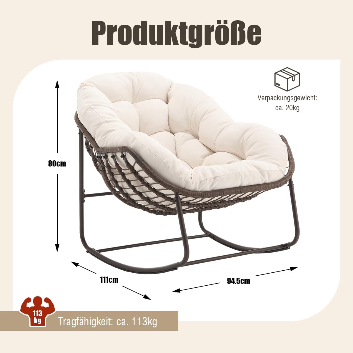 Schaukelstuhl Schaukelsessel mit Rattan, Loungesessel drinnen & draußen, Ei-Schaukelstuhl für Wohnzimmer Balkon Garten Outdoor und Indoor Samt Weiß