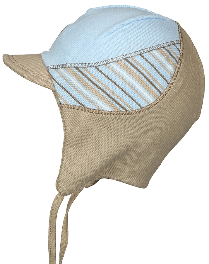 Binde-Mütze TIGER mit Schirm gestreift in hellblau/beige