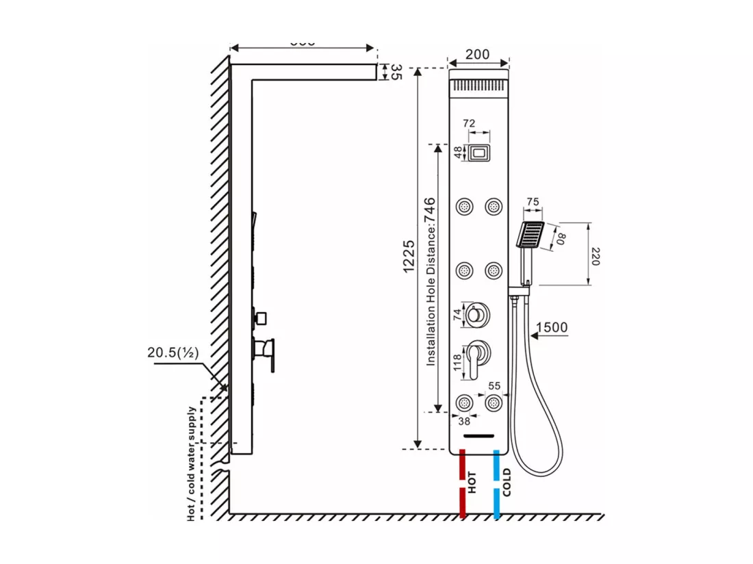 AURALUM MAX Colonne de Douche Noir LED Panneau de douche Hydromassages Système de Douche multifonctionnel colonne murale 6 Grandes Buses Massants
