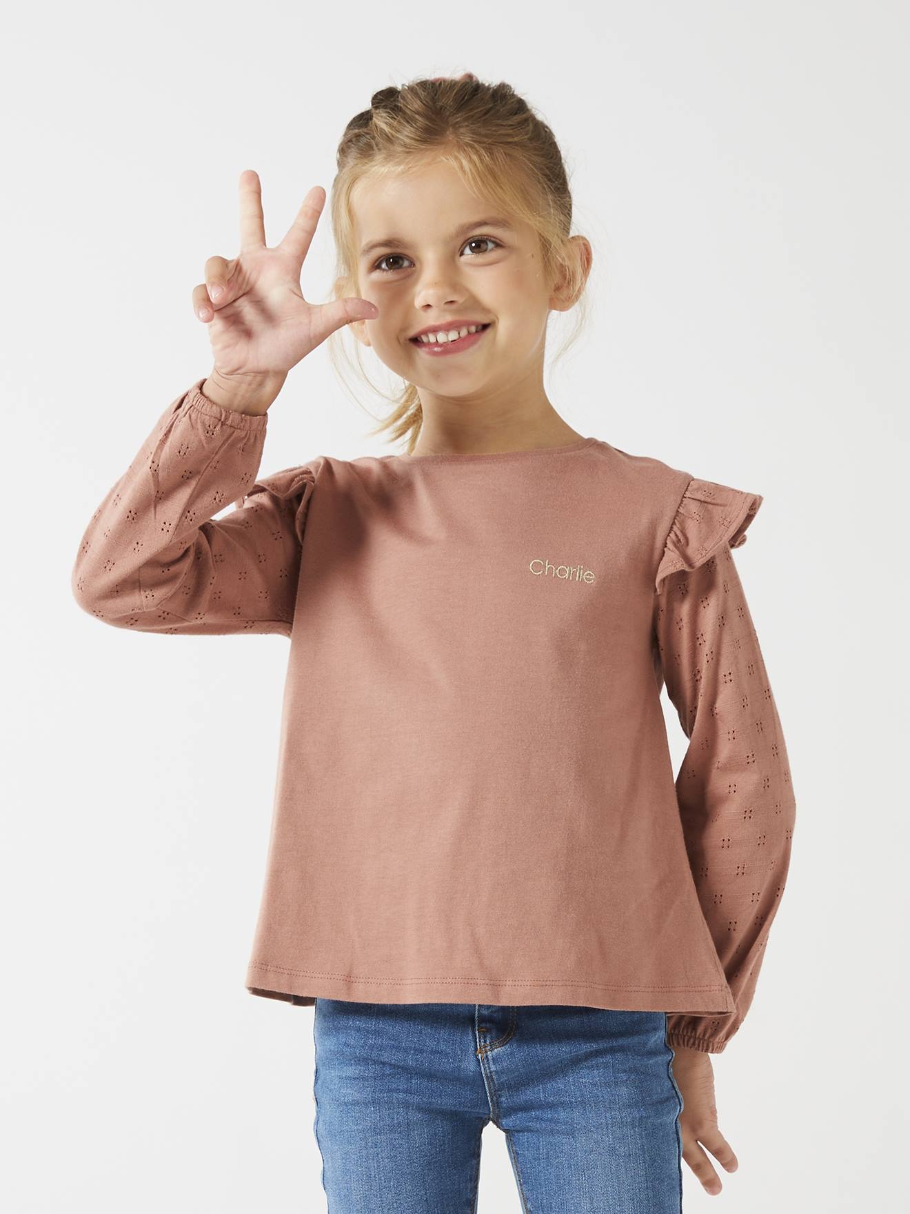 Camiseta infantil de manga comprida com babados