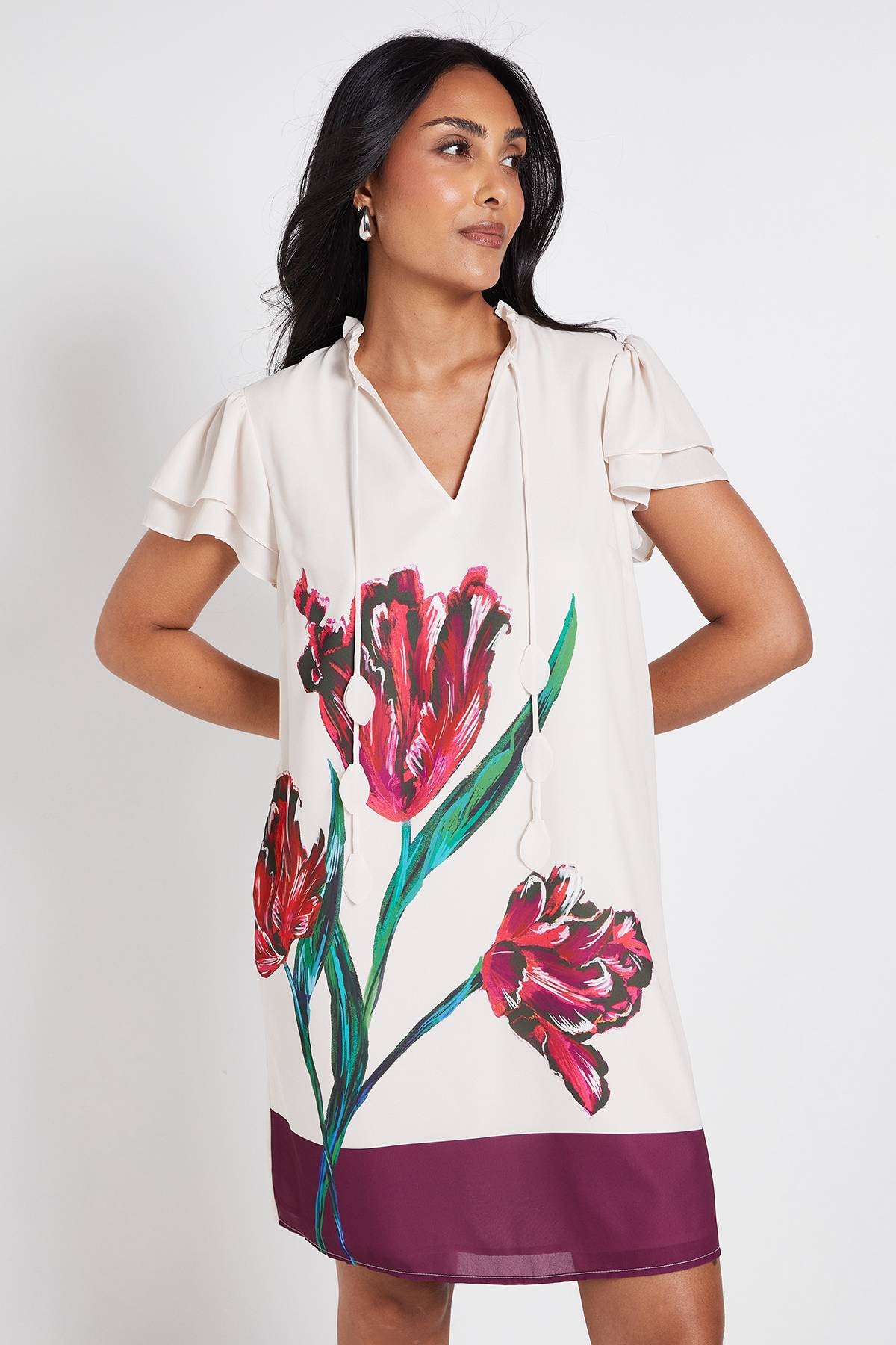 Wallis Robe Droite À Col Volanté À Rayures Et Imprimé Floral Petite