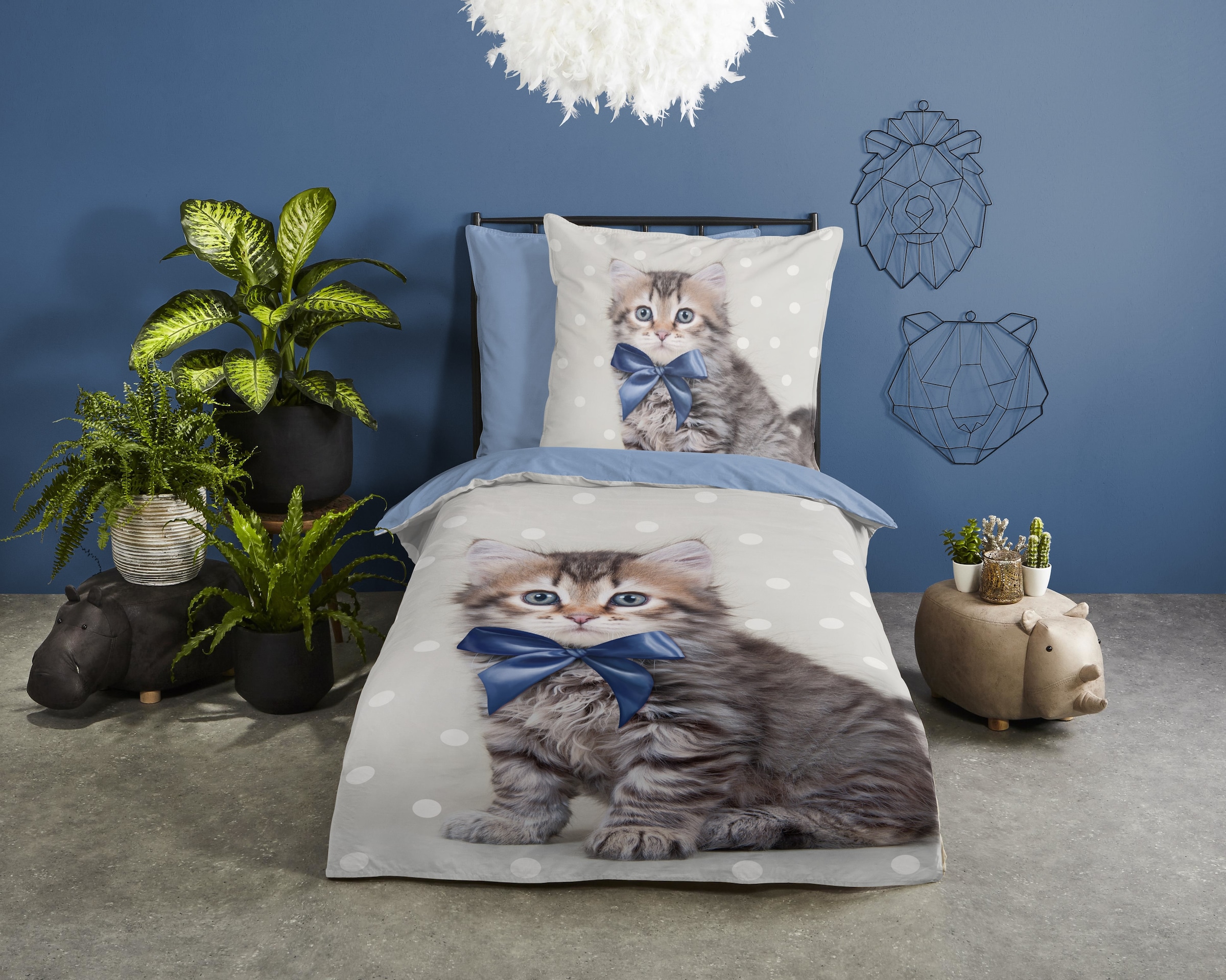 good morning Kinderbettwäsche »Mae« 2 Stk. tlg. 100% Baumwolle, 135x200, Reissverschluss, Wende, Kind, Katze, Blau Grau