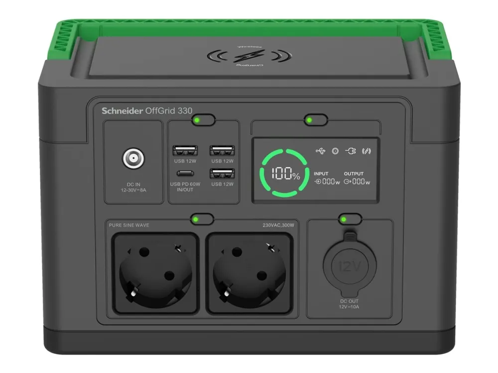 Schneider OffGrid 330 - Transportabel strømstation - LCD, lithium-ion, 2 CEE 7/3 schuko stik, sinuskurve, 3 USB-A, 1 USB-C, trådløs oplader - AC 230 V - 330 Watt - Litiumion - 332 Wh - output-stikforbindelser: 2 - sort, grøn