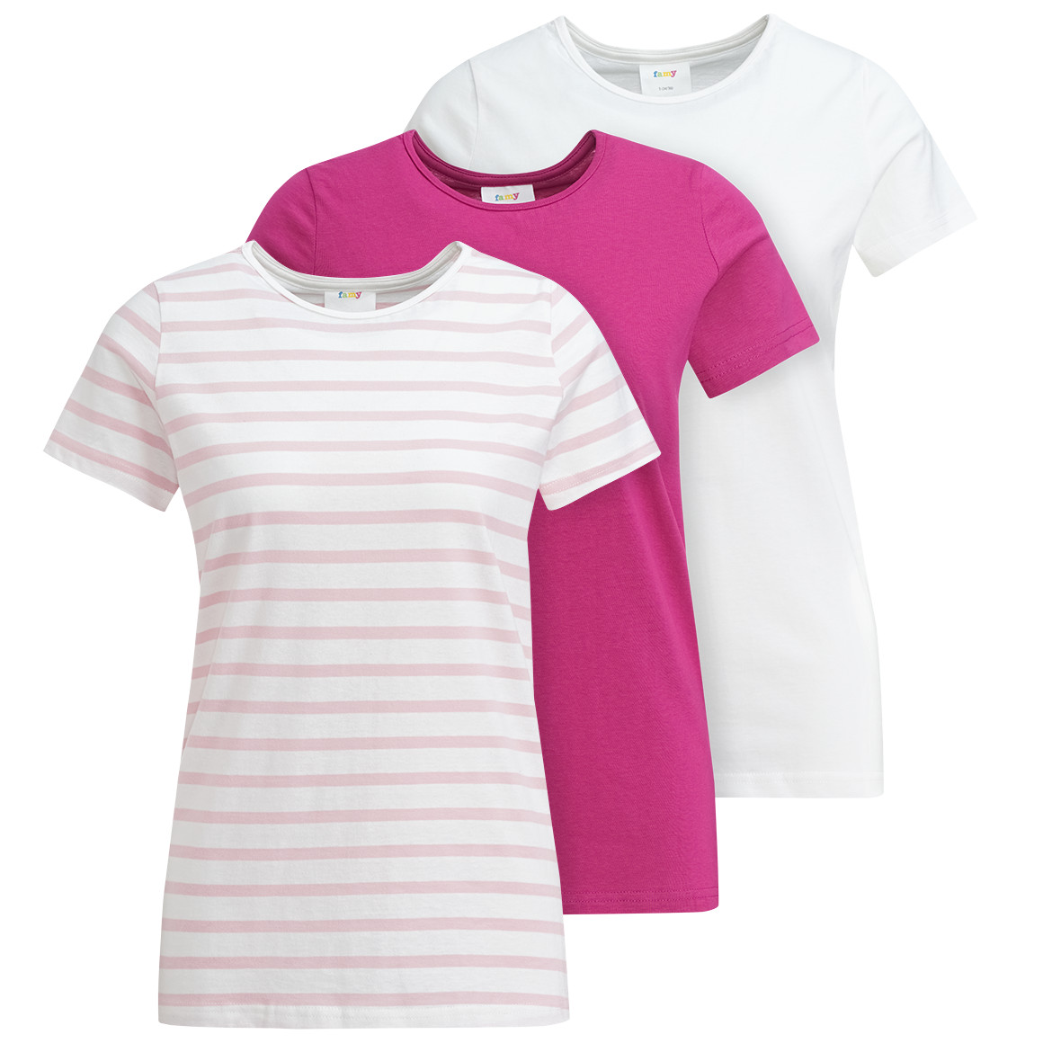 Famy 3 Damen T-Shirts in verschiedenen Dessins rosa / weiss / beere