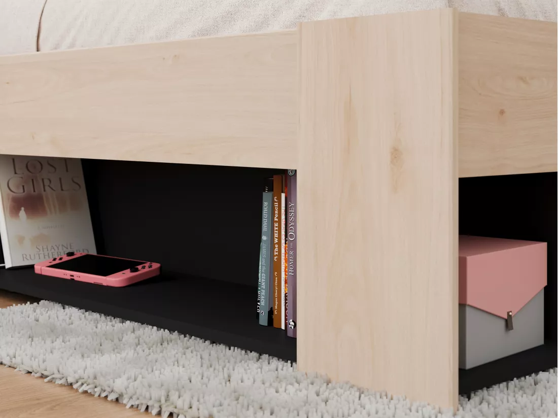 Lit 120 x 190/200 cm avec rangements - Coloris : Naturel et noir - KINSELIA