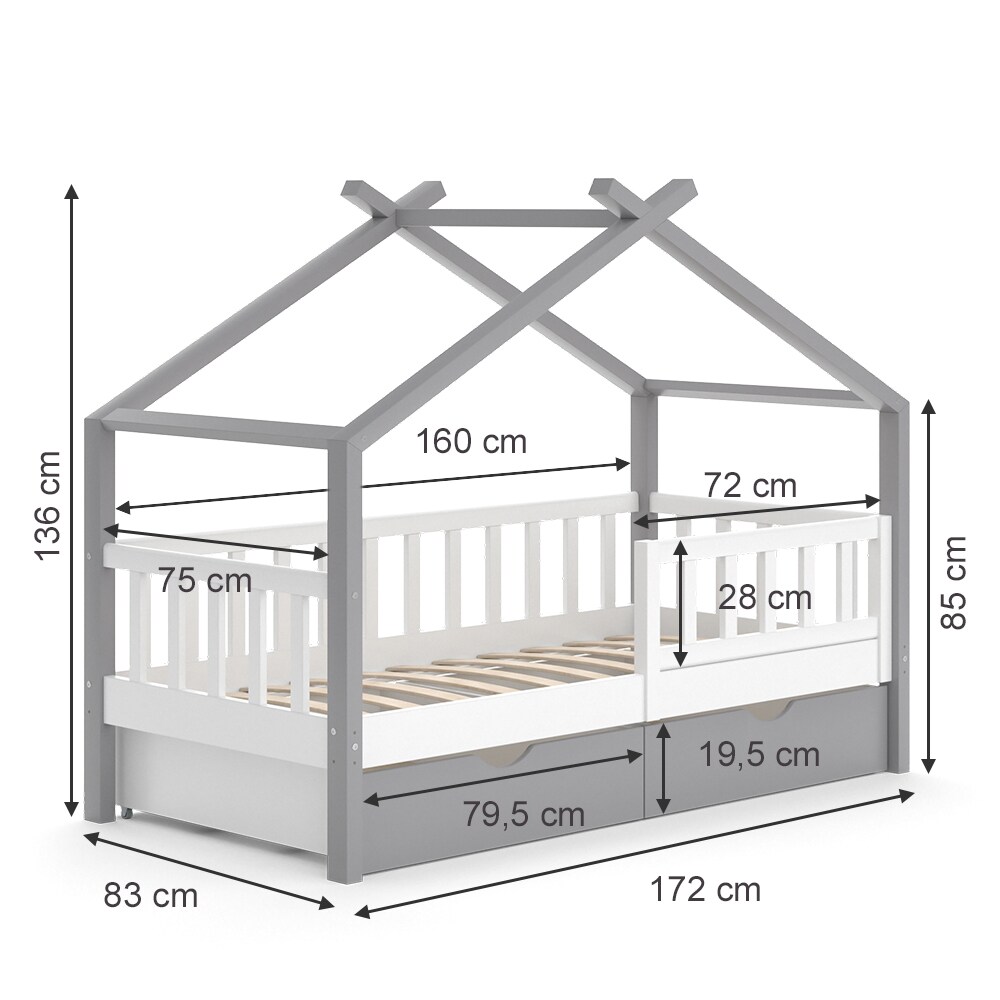 VitaliSpa Kinderbett Hausbett Einzelbett Design Weiß Grau modern 80x160 cm Kinderzimmer Bett Massivholz Lattenrost Schublade Rausfallschutz Schubladenbett