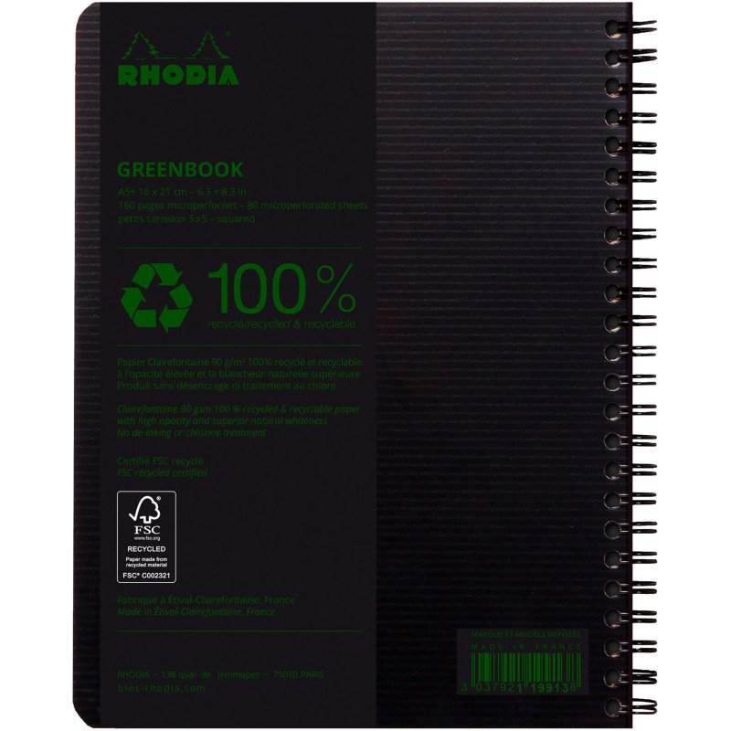 Cahier spirale Rhodia Greenbook A5+ -16 x 21 cm - 5 X 5 - 160 pages