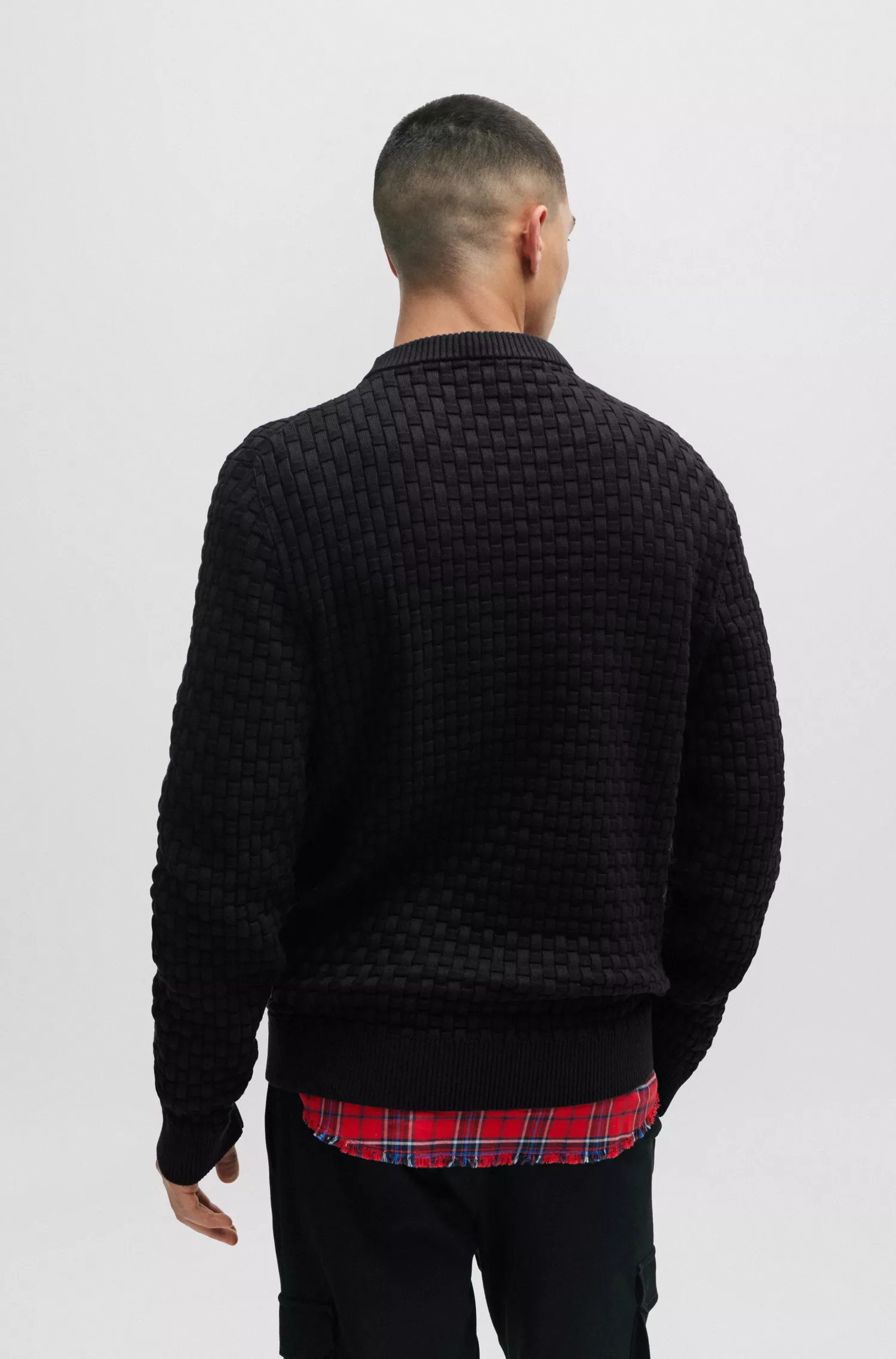 Suéter HUGO vermelho, modelagem relaxada, em puro algodão, com padrão de tricô 3D.