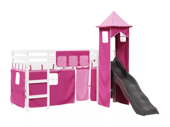 Lit mezzanine enfants avec tour rose 80x200cm bois pin massif
