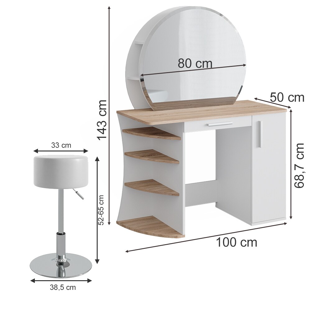 Vicco Schminktisch Frisiertisch Kosmetiktisch Almina Weiß Sonoma Schminkspiegel 100x143 modern Hocker Schlafzimmerkommode Schminkkommode Schublade Frisierkommode Make-Up-Tisch