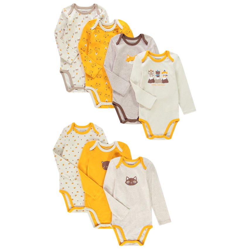 Lot de 7 bodies manches longues en coton bio pour bébé garçon - Jaune