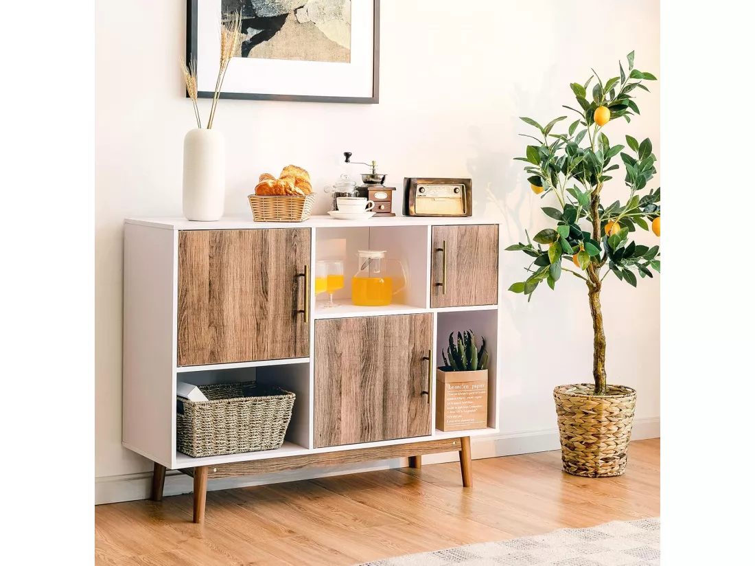 Buffet Salon Cuisine avec 3 Placards et 3 Étagères Ouvertes, Meuble Cuisine Rangement 4 Pieds Utilisation pour Salon Salle à Manger Bar, 95 x 31 x 76 cm