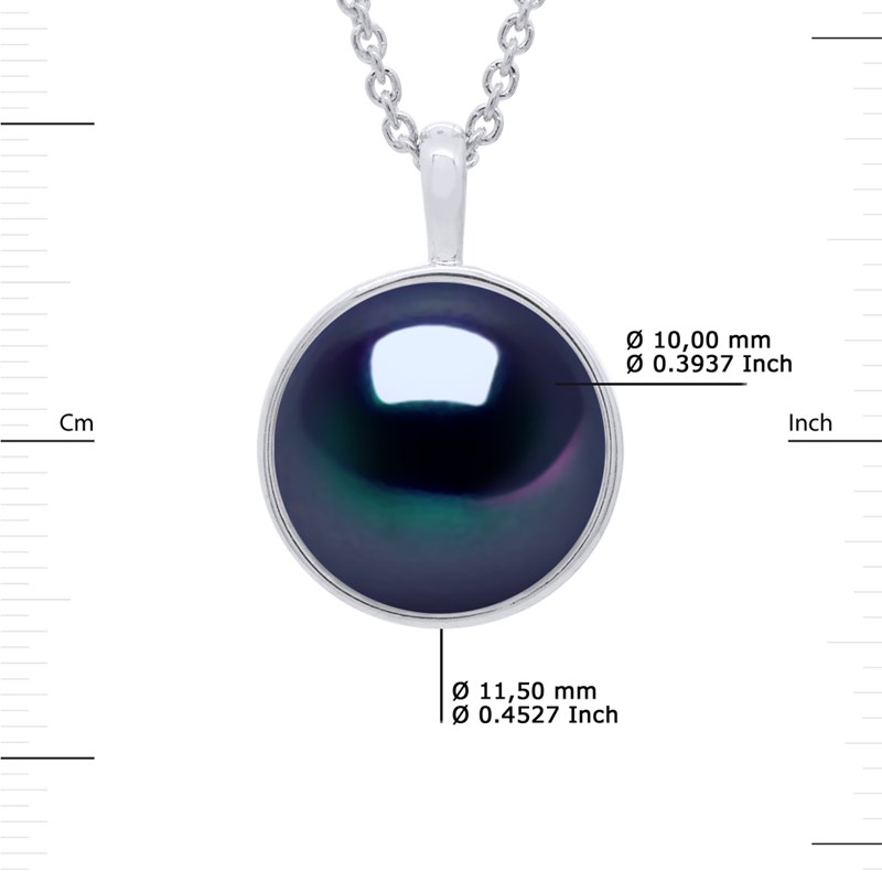 Collier Bélière Entourage Lisse - Véritable Perle de Culture d'Eau Douce Bouton 10-11 mm - Black Tahiti - Or Blanc