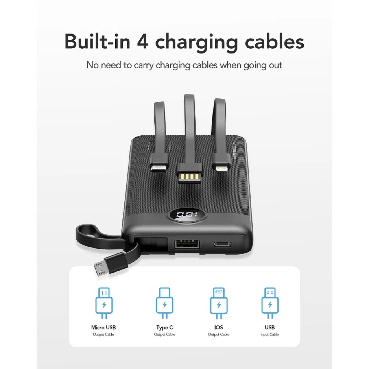 Powerbank C10 - 10 000mAh (Micro + Typ C + iPhone) Ladekabel
