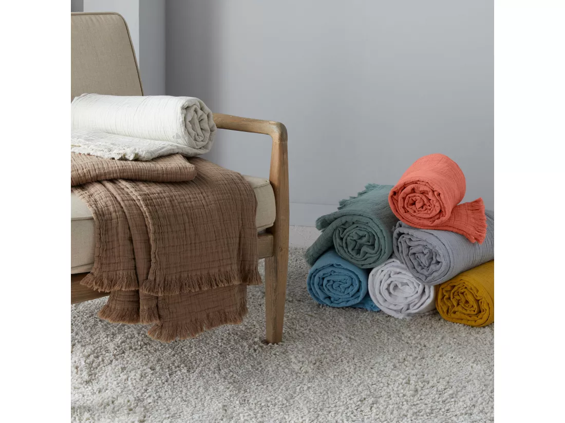 Dessus de lit 180x250 cm BREHAT 100% gaze de coton orange corail