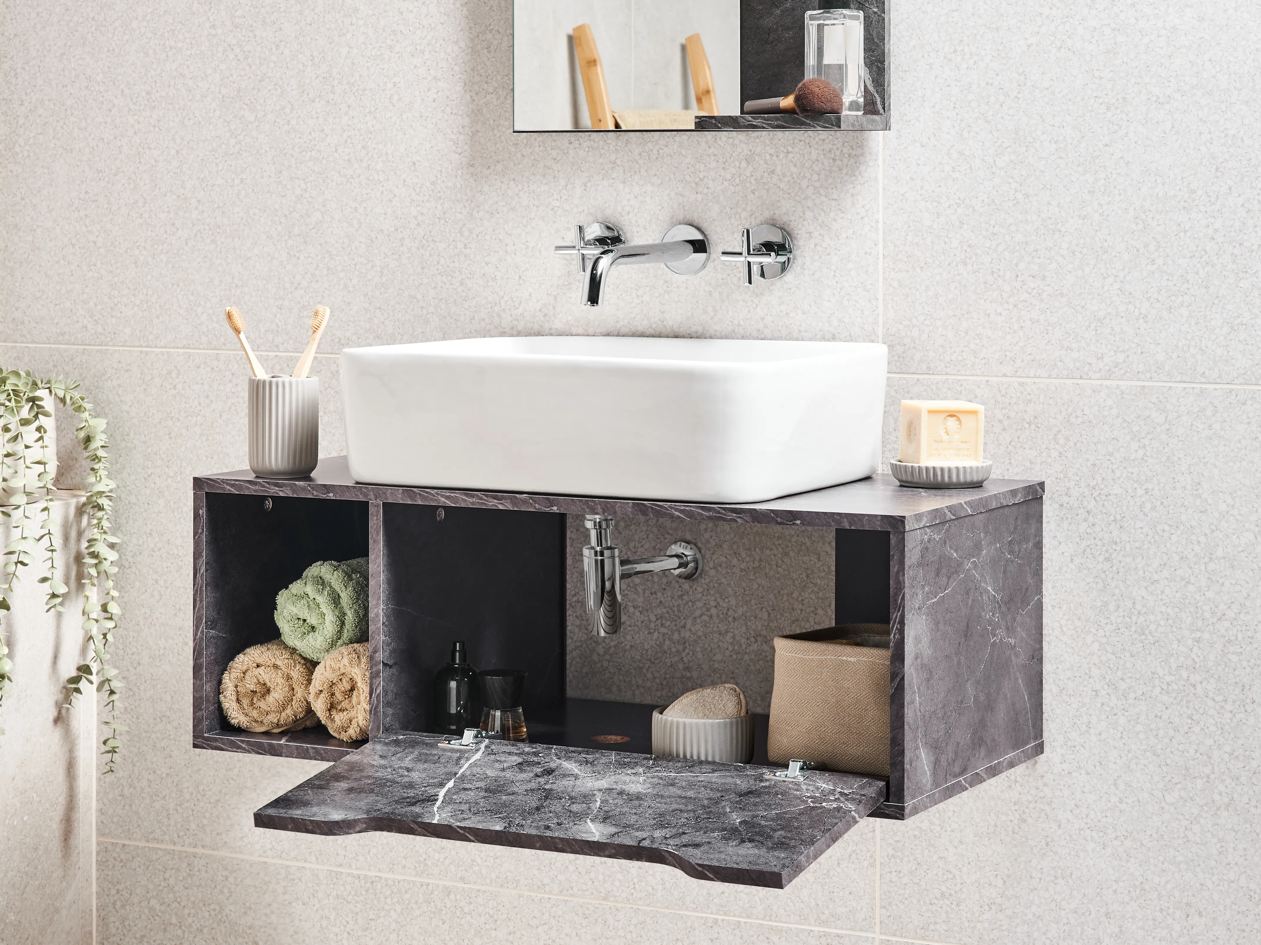 Wandgemonteerde wastafelkast CASCAVEL 80 cm Zwart marmer
