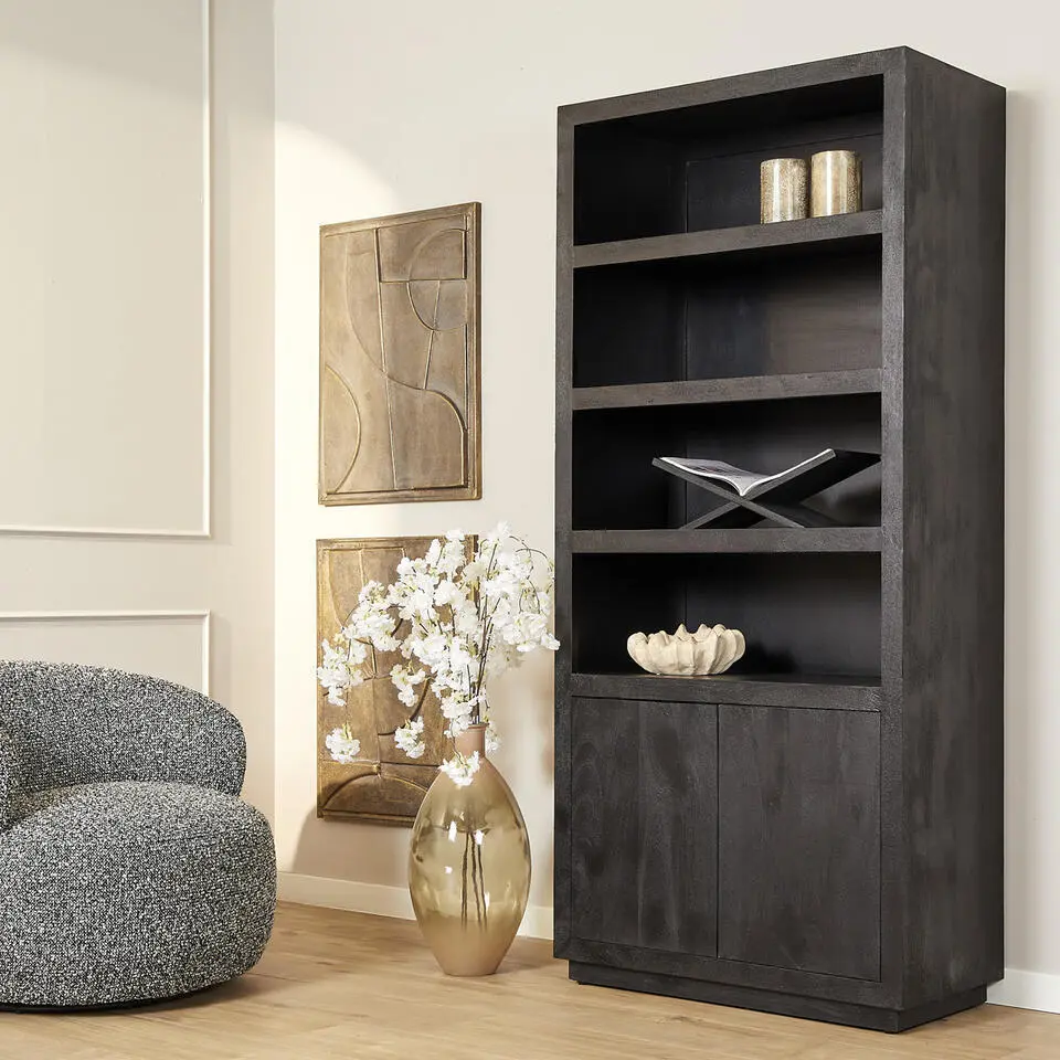 Boekenkast Zwart Hout - 90x45x200cm - Brussel