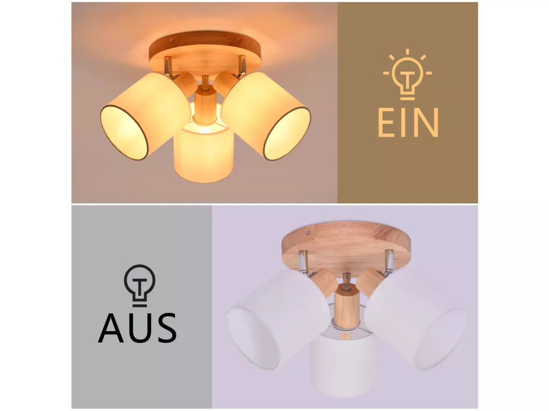 NETTLIFE Spot de plafond 3 Ampoules rond bois Plafonnier LED E14 spot inclinable 350°