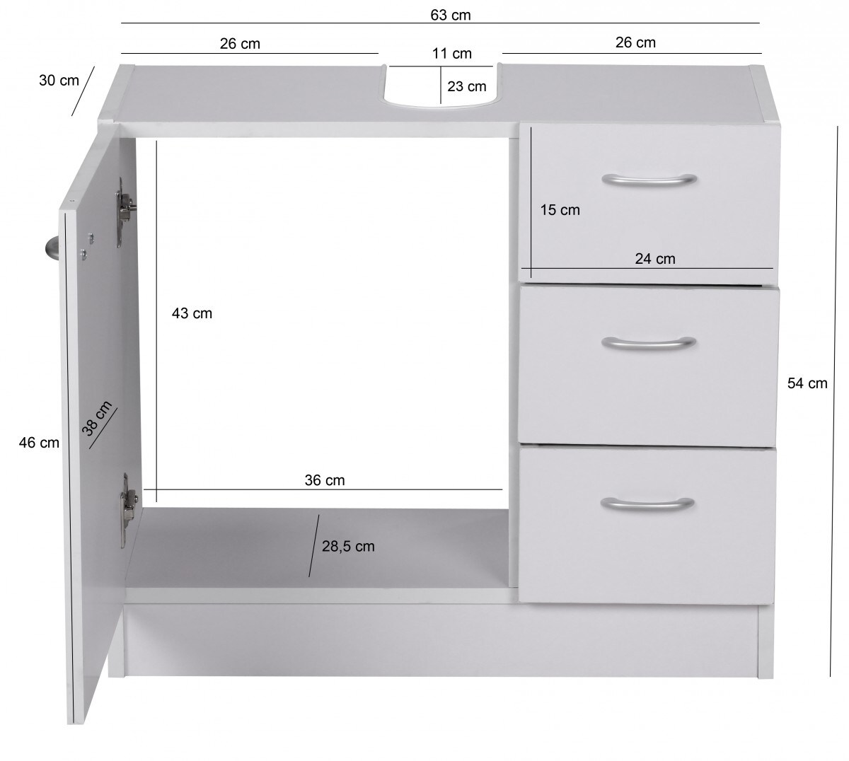 FineBuy Bad Waschbecken Unterschrank 54 x 63 x 30 cm 1 Tür 3 Schubladen weiß