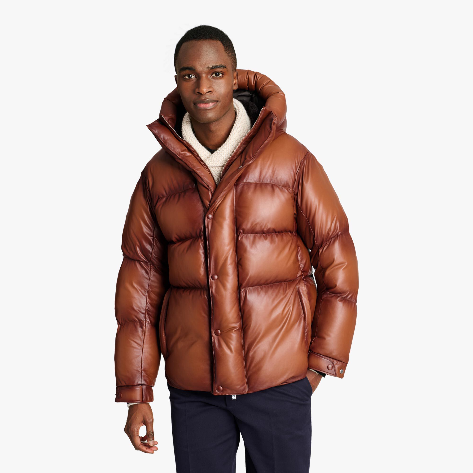 Doudoune À Capuche En Cuir Patine