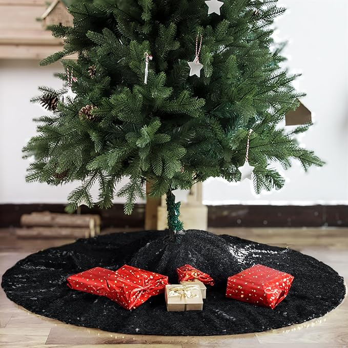 (Ø90cm) Christmas Weihnachtsbaum Decke Tannenbaum Rock Unterlage mit Pailletten - Schwarz