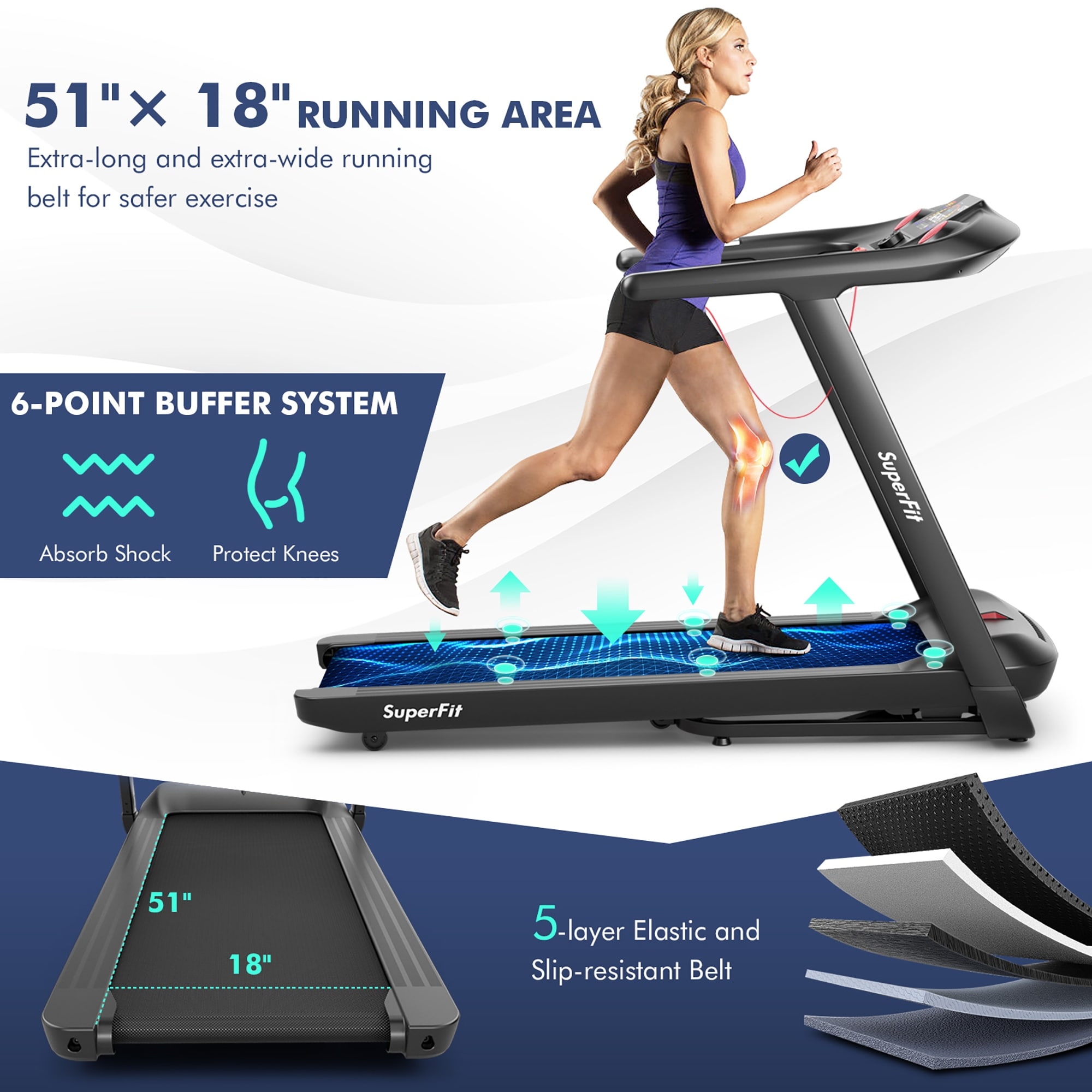Esteira dobrável SuperFit 4.75HP com programas predefinidos e tela sensível ao toque - 64'' x 30'' x 45''