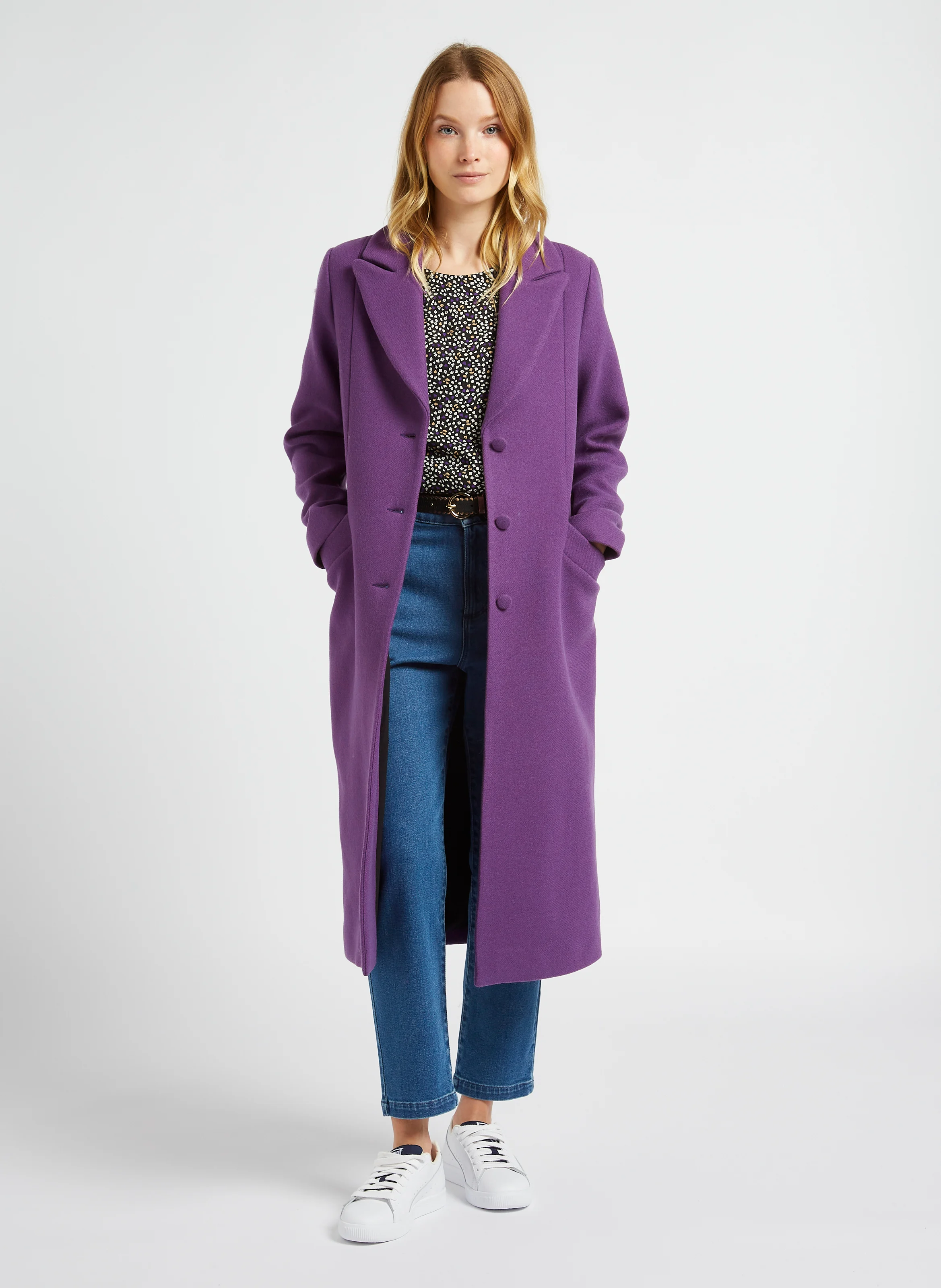 Manteau long col tailleur en laine mélangée | Violet
