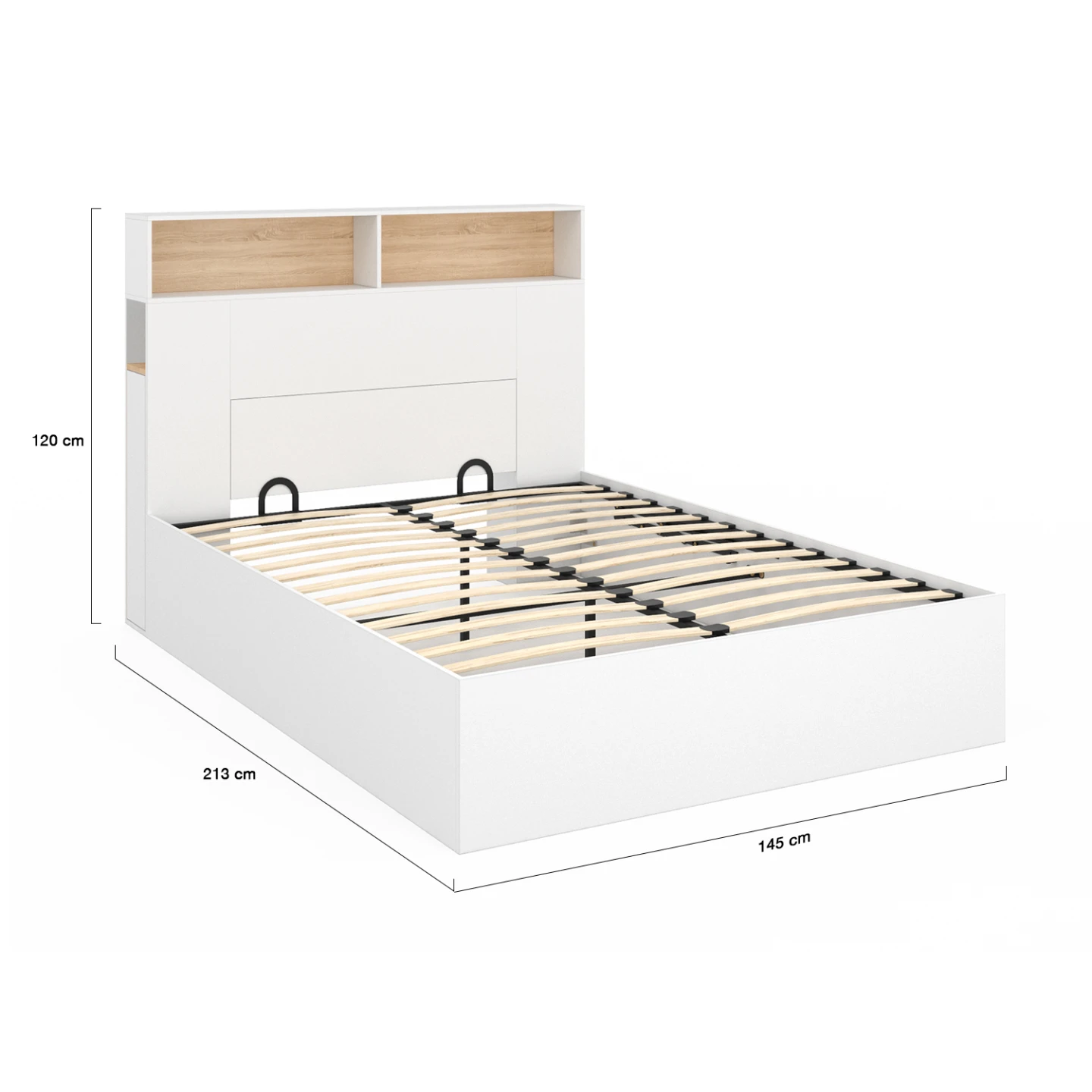 Lit coffre double CLYDE avec tête de lit + rangements et sommier 140 x 190 cm blanc et façon hêtre