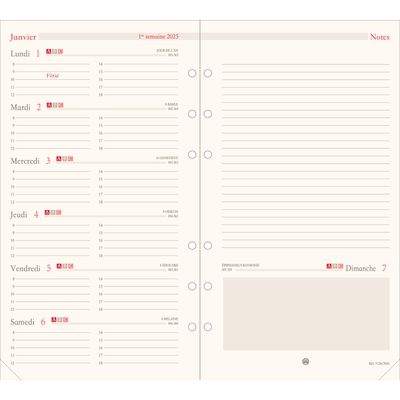 Oberthur - Recharge pour organiseur - 1 semaine par page et 1 page de notes - 9,5 x 19,5 cm