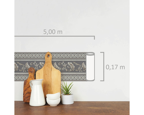 Rand 36731-1 Papieren Wijnstok Ornament Grafiet Zilver 5 m x 17 cm