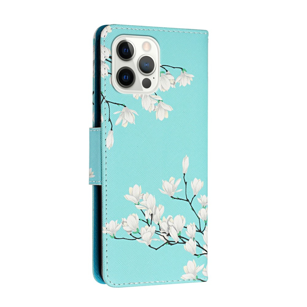 iPhone 13 Pro Leder Tasche mit Kartenfach   Handschlaufe Gardenia Blumen - Blau / Weiss