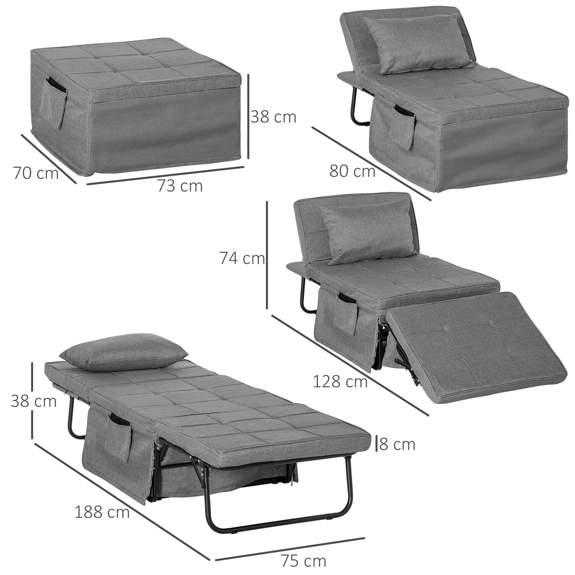 HOMCOM Klappbett mit Matratze grau 188L x 75B x 38H cm