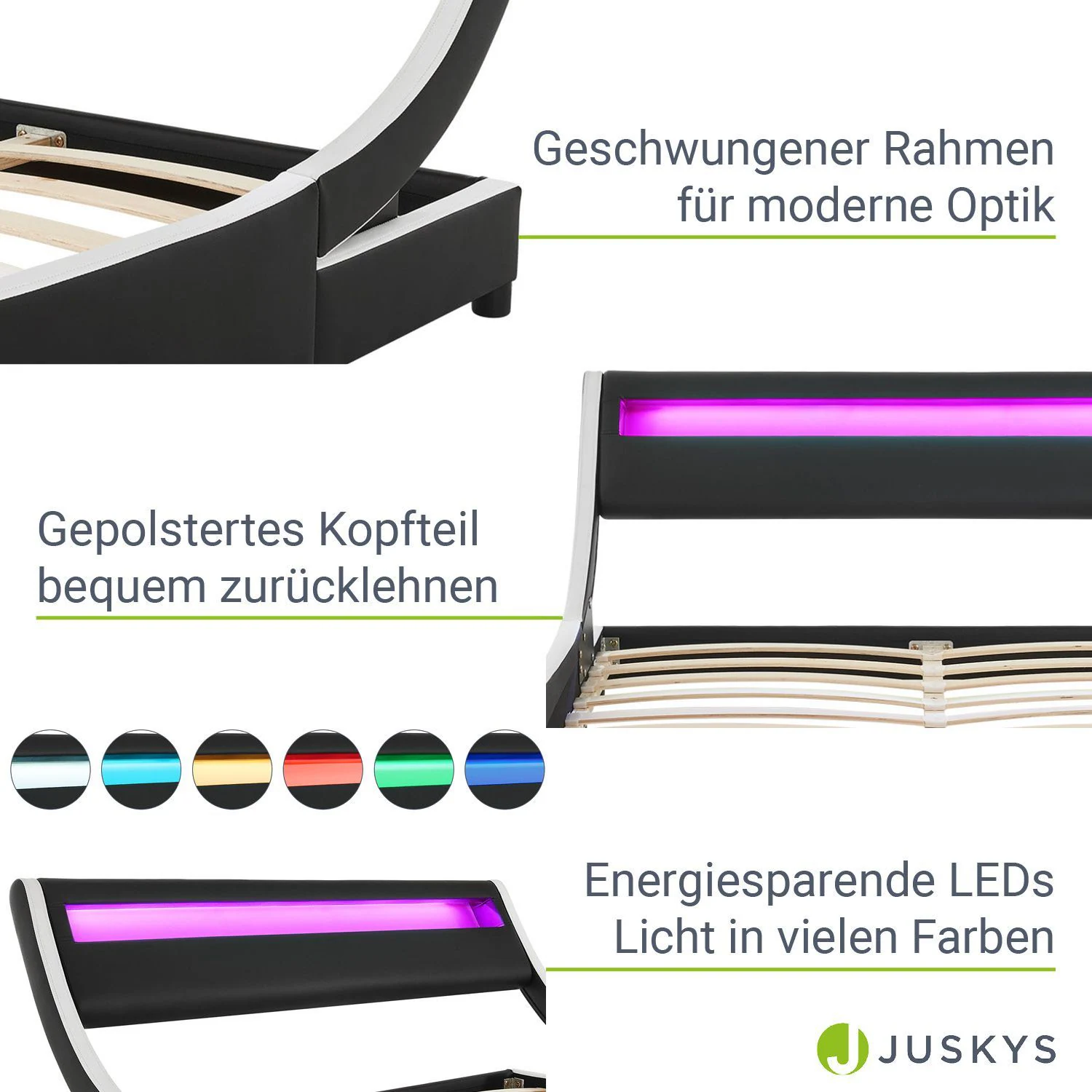 Juskys Polsterbett Bett Valencia 180 x 200 cm schwarz mit Kaltschaummatratze Doppelbett mit LED