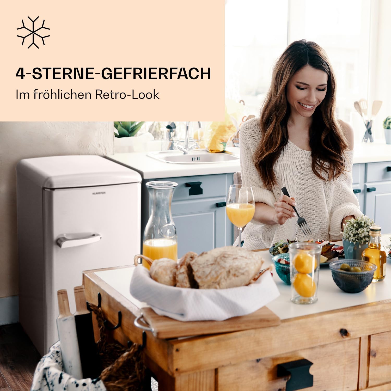 Klarstein Laika Gefrierschrank - 60 Liter Gesamtvolumen, Thermostat mit 5 Stufen, 0 bis -18 °C, 3 Einschübe, freistehend, Retro-Design, creme