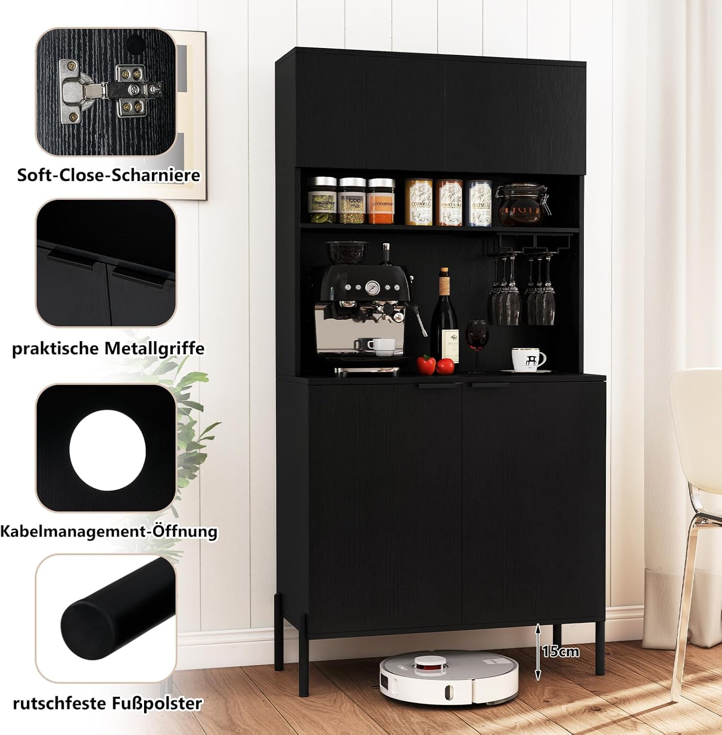 COSTWAY Küchenschrank Holz, Buffetschrank mit Ladestation, Hochschrank mit Türen, Weinglashalter & Arbeitsplatte, Vorratsschrank Aufbewahrungsschrank, für Küche Esszimmer, 80x40x164 cm, Schwarz