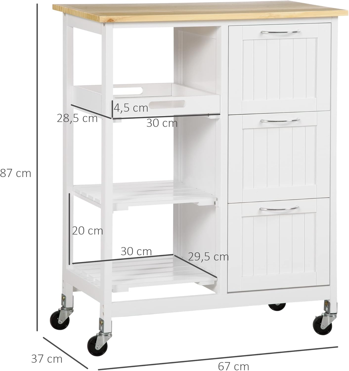 HOMCOM Küchenwagen Servierwagen mit 3 Schubladen, Küchenrollwagen mit 3 Ebenen, Aufbewahrungswagen mit Arbeitsplatte, für Küche, Weiß, 67 x 37 x 85 cm