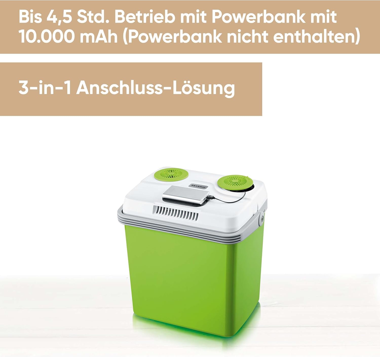 Severin Elektrische Kühlbox (25 L) mit Kühl- und Warmhaltefunktion, 3 Anschlüsse fürs Auto (USB, Netzteil & Zigarettenanzünder), grün/grau, KB 2923