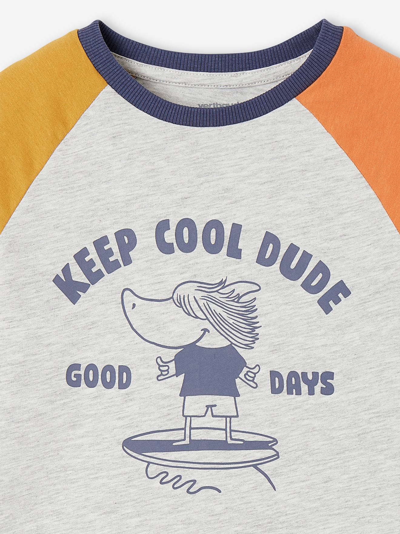 Camiseta infantil masculina colorblock com estampa de tubarão, cinza mesclado.