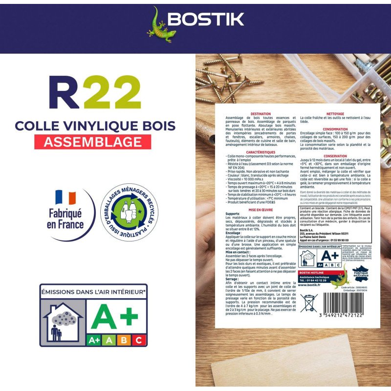Colle à bois vinylique R22 D1 Bostik - Seau de 5 Kg