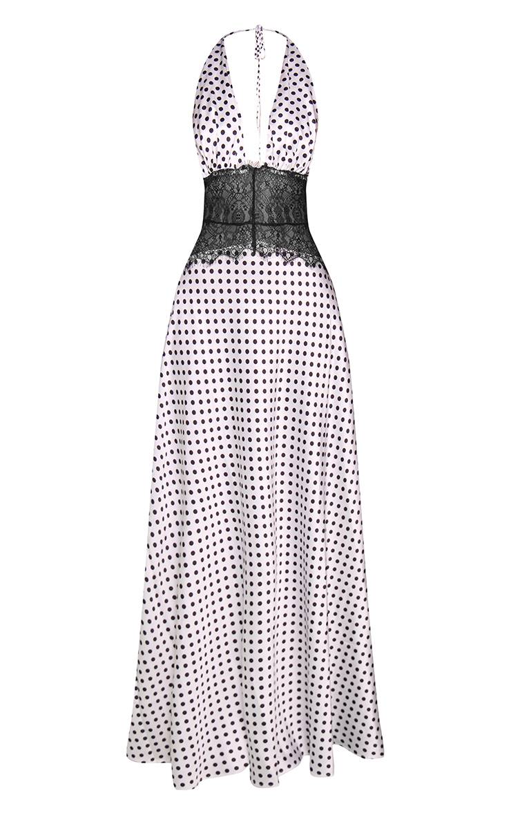 Blanc Robe Longue En Satin À Pois Avec Empiècement En Dentelle Contrastée