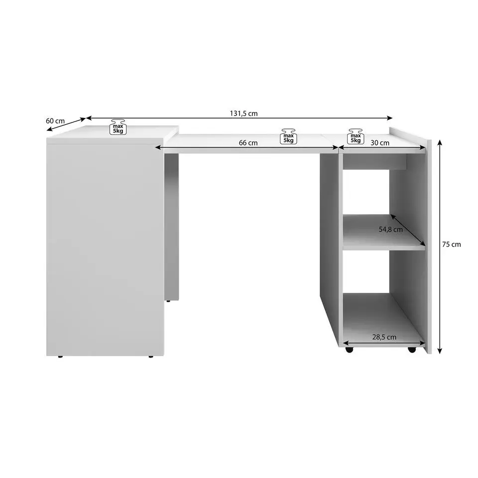 Meubella - Bureau Dice - Wit - Uitklapbaar - 132 cm