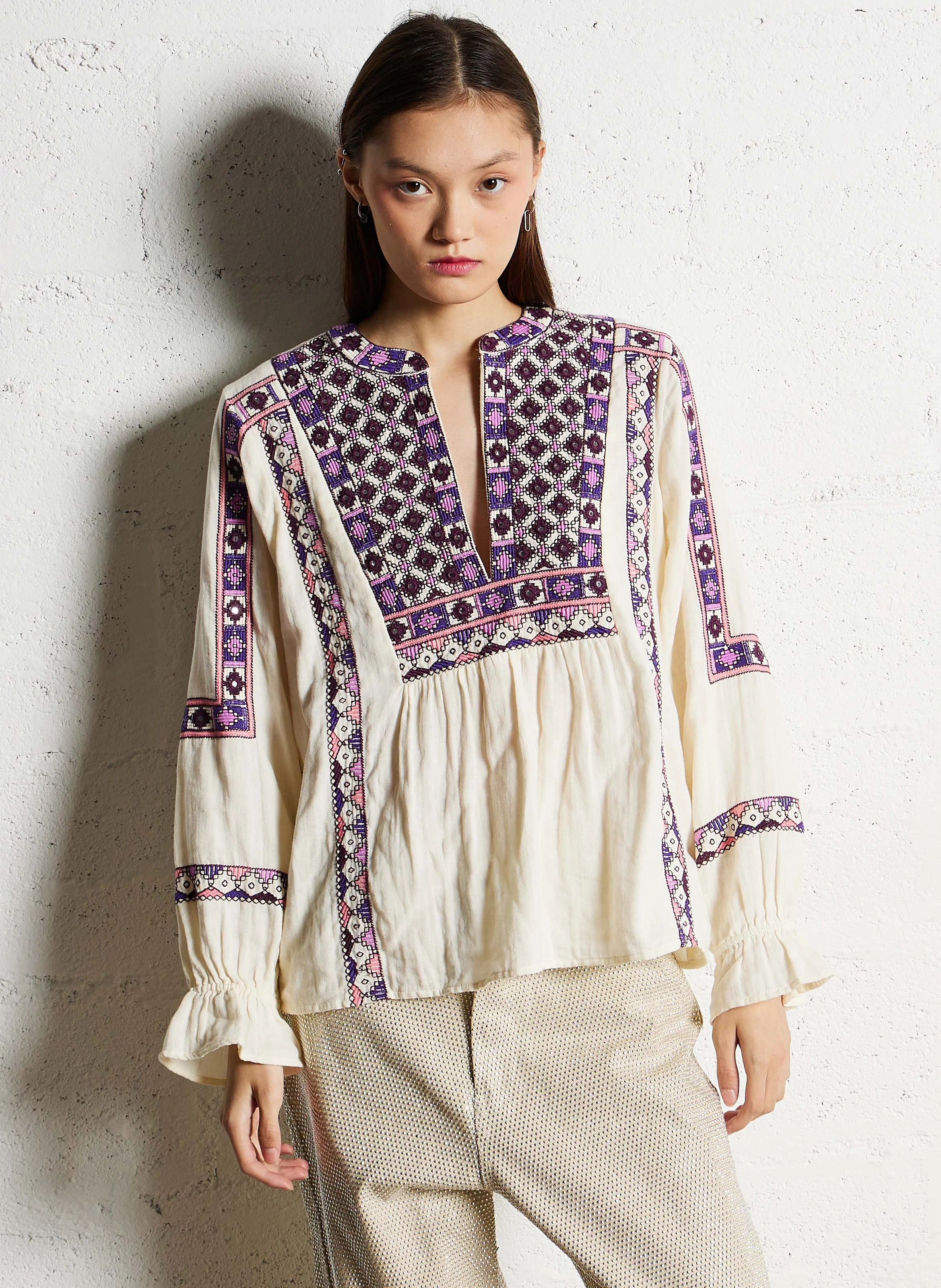 REVA - Blouse col tunisien ample brodée | Beige