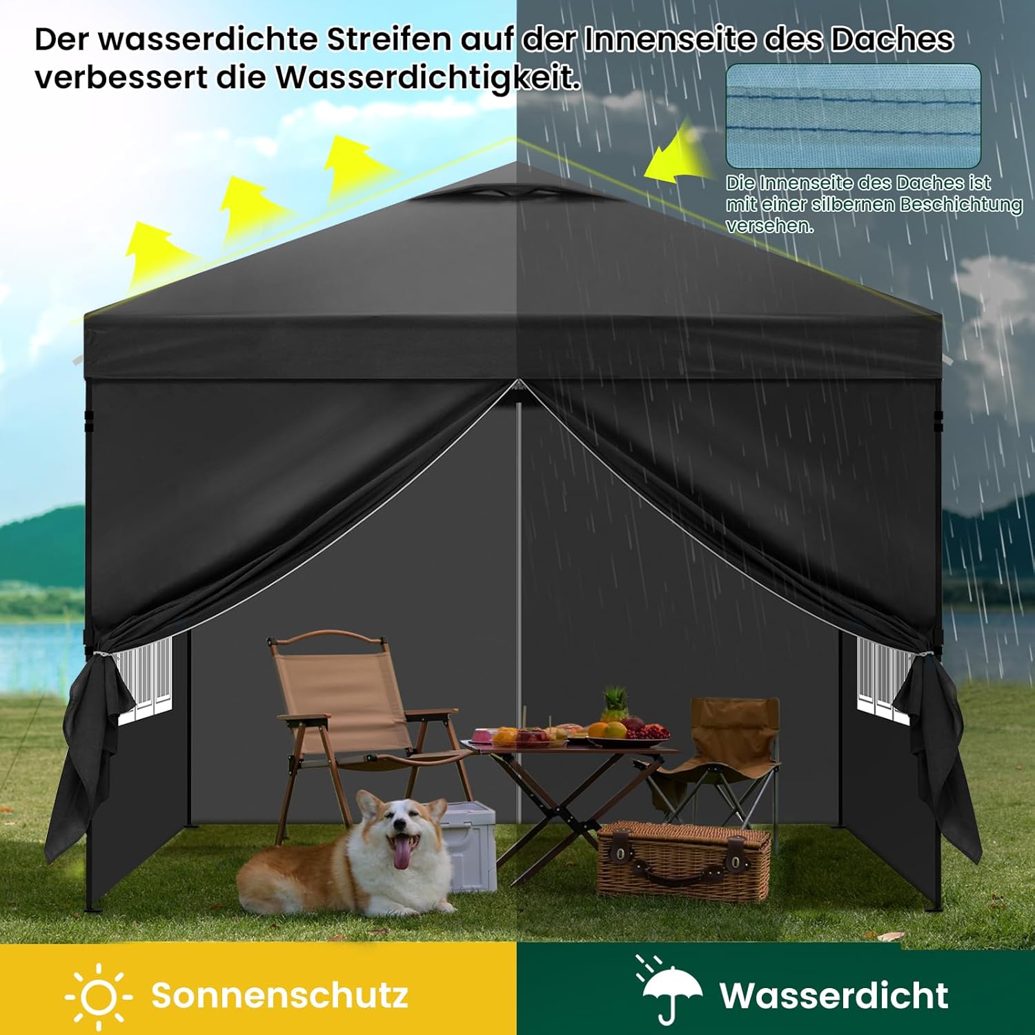 Laneetal Pavillon 3x3 m, Faltpavillon mit Seitenwänden, wasserfest stabil Winterfest, Outdoor Gartenpavillon, Partyzelt Gartenzelt, höhenverstellbar, UV Schutz, Metallrahmen,Anthrazit