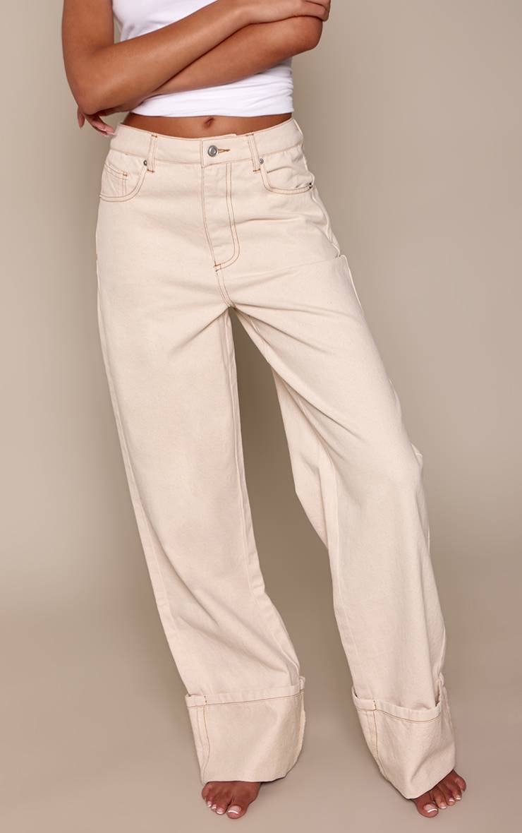 Ecru Jean En Denim Écru Taille Haute Avec Ourlet Retroussé Pour Grandes Tailles
