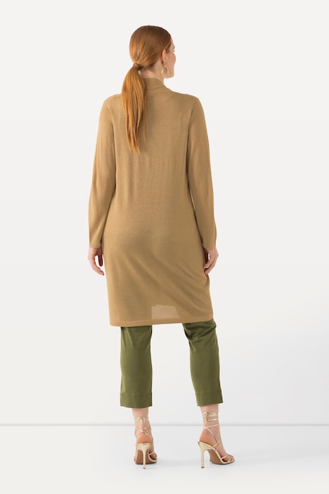 Long-Strickjacke, offene Form, V-Ausschnitt, Stehkragen