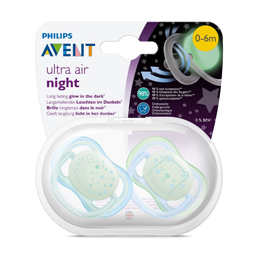 Lot de 2 sucettes phosphorescentes Ultra Air Night 0-6M - Bleu/Vert ou Rose/Violet - Ecru