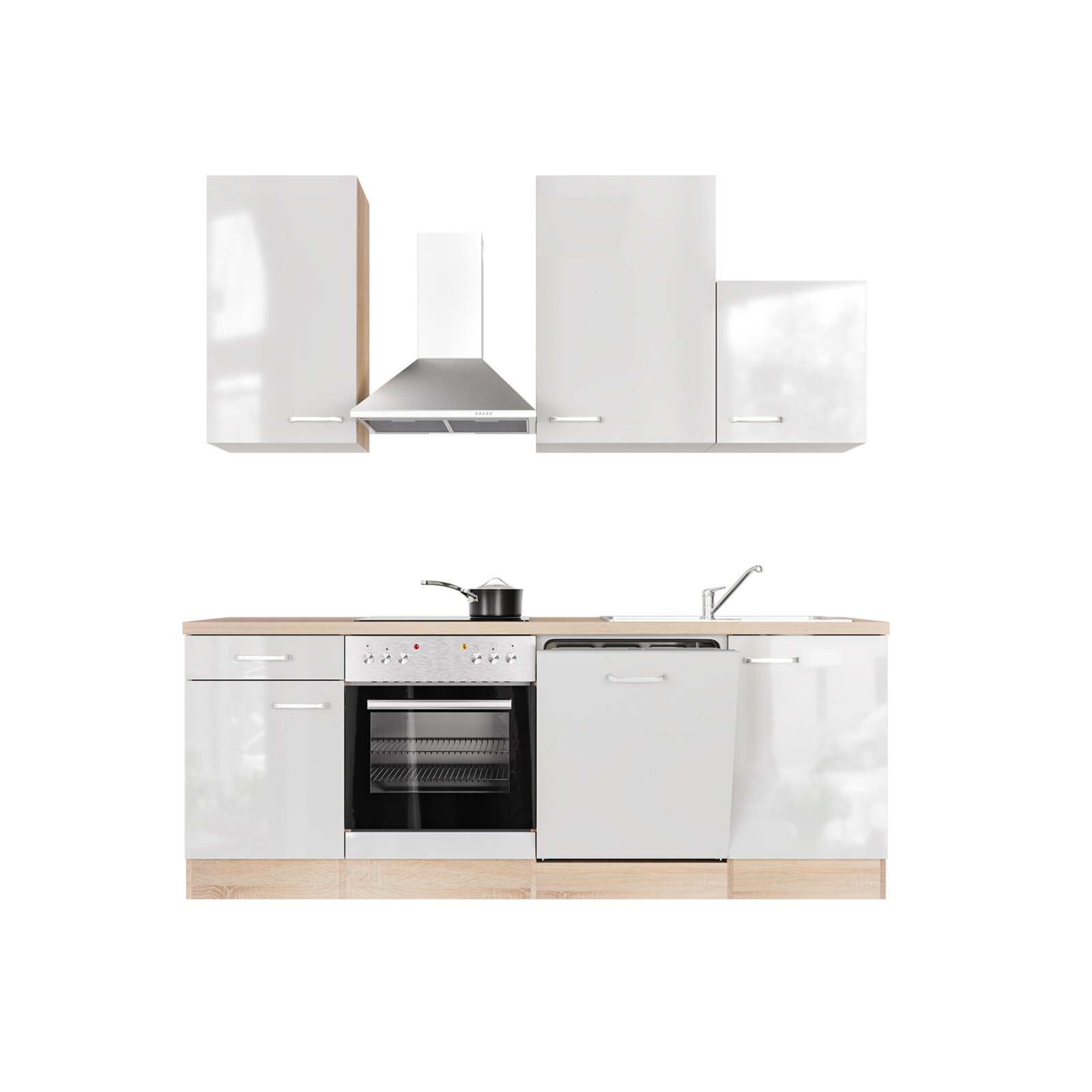 Küchenblock VALERO - Sonoma Eiche-weiß Hochglanz - mit E-Geräten - 220 cm
