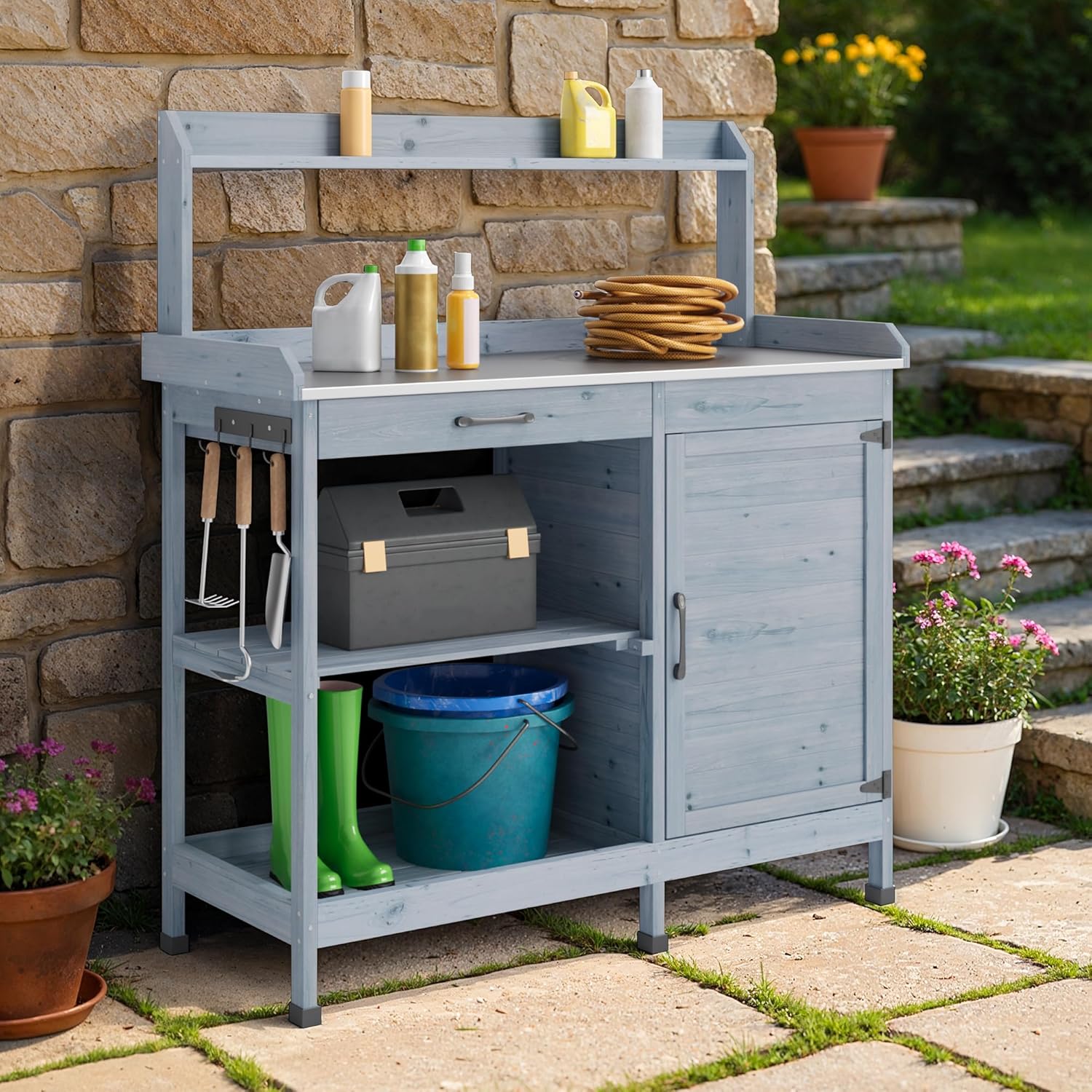 Gärtnertisch, Pflanztisch mit Schubladen & Unterschrank, Garten Arbeitstisch aus Holz mit verzinkter Arbeitsplatte, für Garten, Balkon, Terrasse, 112x46x125 cm, Grau
