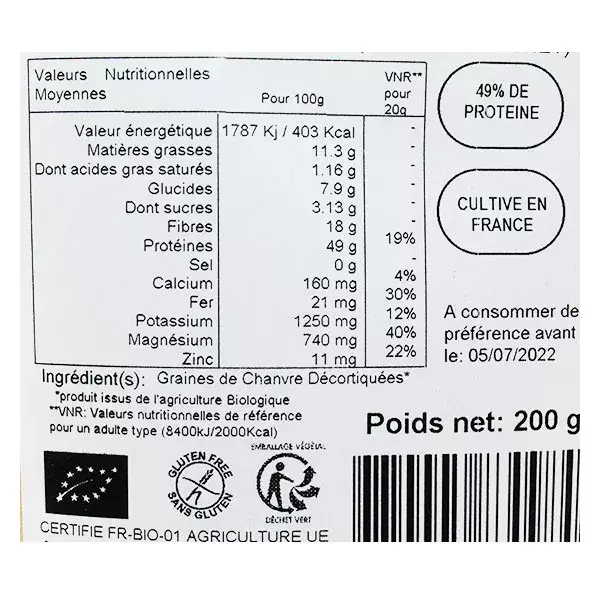 Valebio Protéine de Chanvre Bio 200g