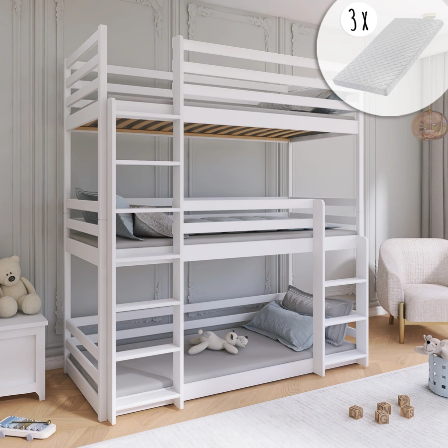 Kids Collective Hochbett 90x200 Dreier-Etagenbett für Erwachsene & Kinder, Stockbett für 3 weiß mit 3 Matratzen